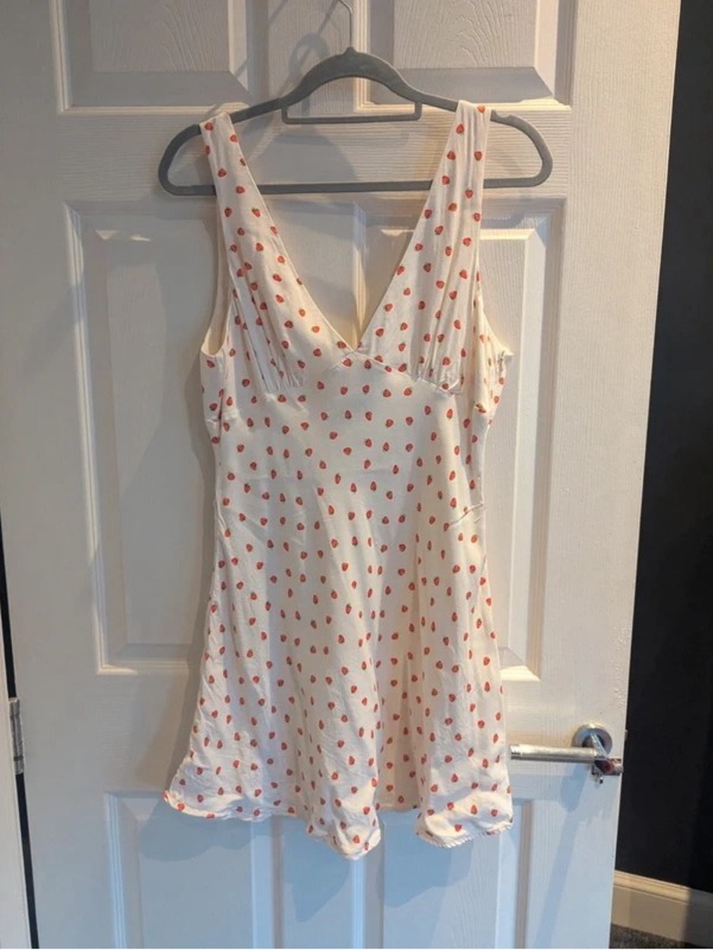 White Mini Dress with Red Strawberry Print - Sleeveless V-Neck
